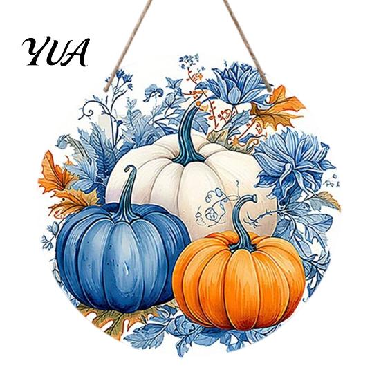 Wooden Pumpkin Door Hanger Harvest Festival Welcome Sign for Front Door, Rustic Hanging Art Entryway with Hemp Rope, Autumn Plaque Fall Porch