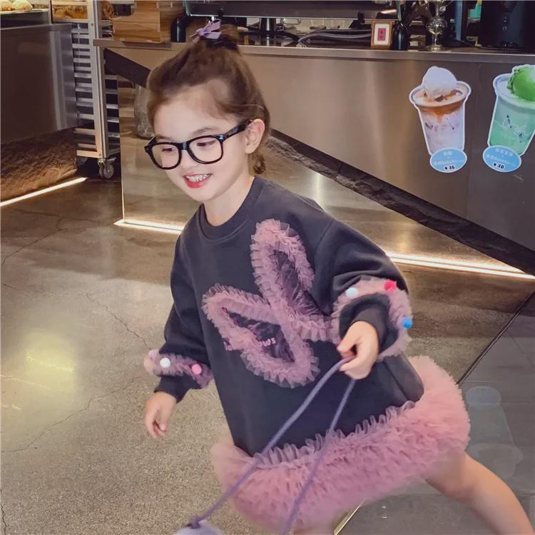 Autumn 2024 Casual Sweater Mesh Princess Dress for Little Girls