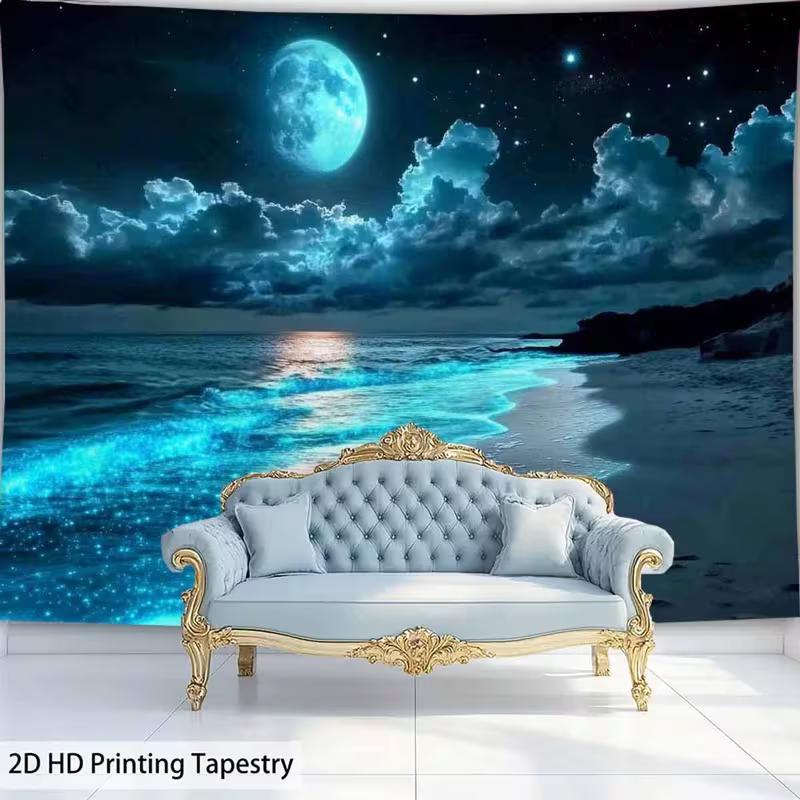 2D Magical Moonlit Beach Tapestry, Blue Glow Ocean Scenery Background