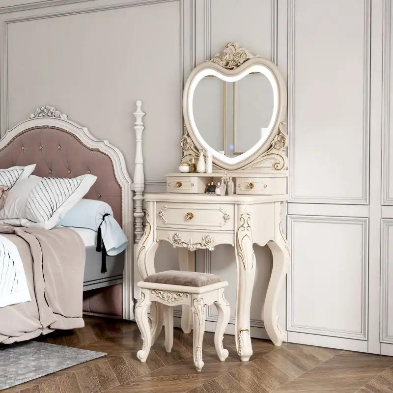 European Dressers Vanity Table Set with Mirror White Makeup Desk with Drawers & Stool - Small Wood Dressing Table for Bedroom