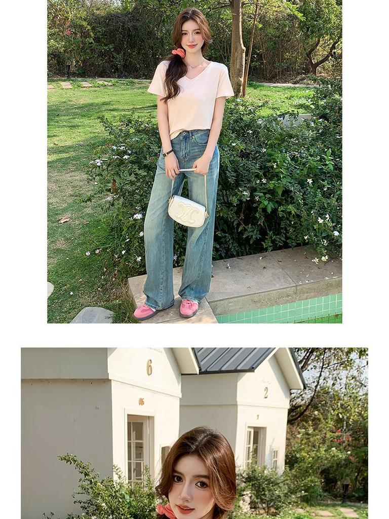 Ladies' Large V-Neck Short-Sleeve T-Shirt - Spring/Summer, Loose Fit, Solid Color, Versatile & Slimming.