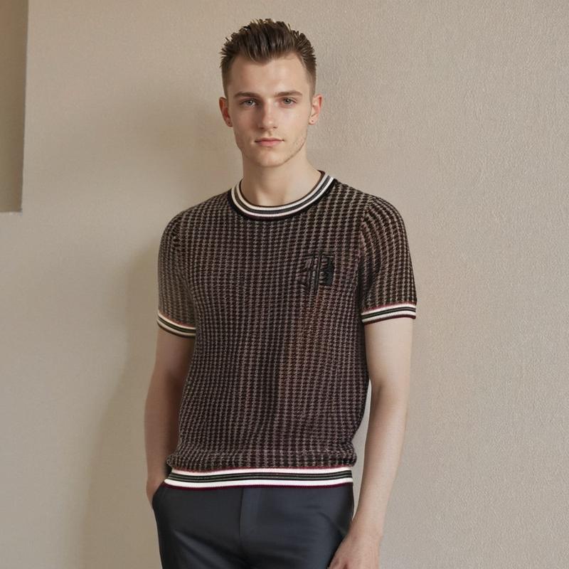 

Мужская приталенная трикотажная футболка с коротким рукавом в корейском стиле, молодежная деловая мода, летний топ в гусиную лапку 3XL коричневый