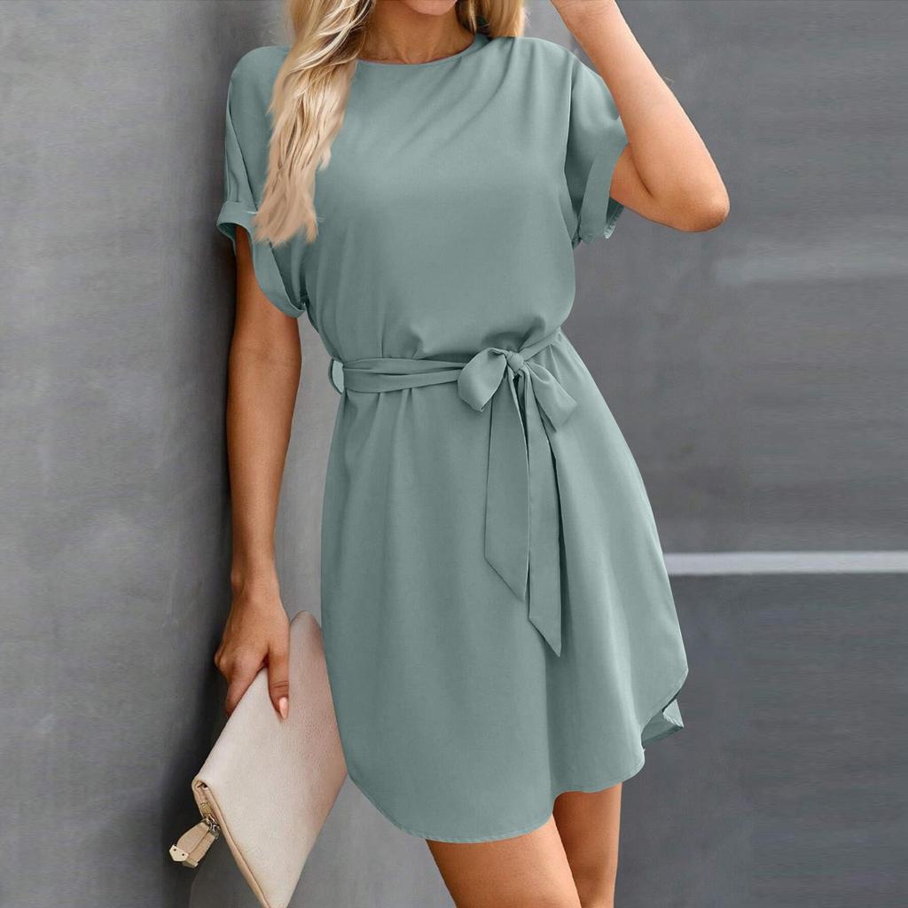 Womens Summer Short Dresses O Neck Casual Batwing-Short Sleeve Belted Dress For Women