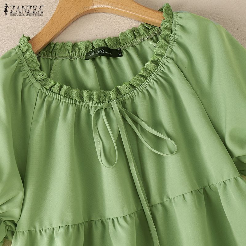 ZANZEA Damen Casual Rundhals Lose Sommer Kurzarm Bluse