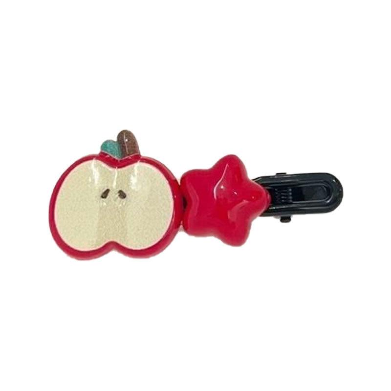 Red Star Apple Duckbill Clip - Cute Girly Bangs & Side Clip with Five-Pointed Star Design