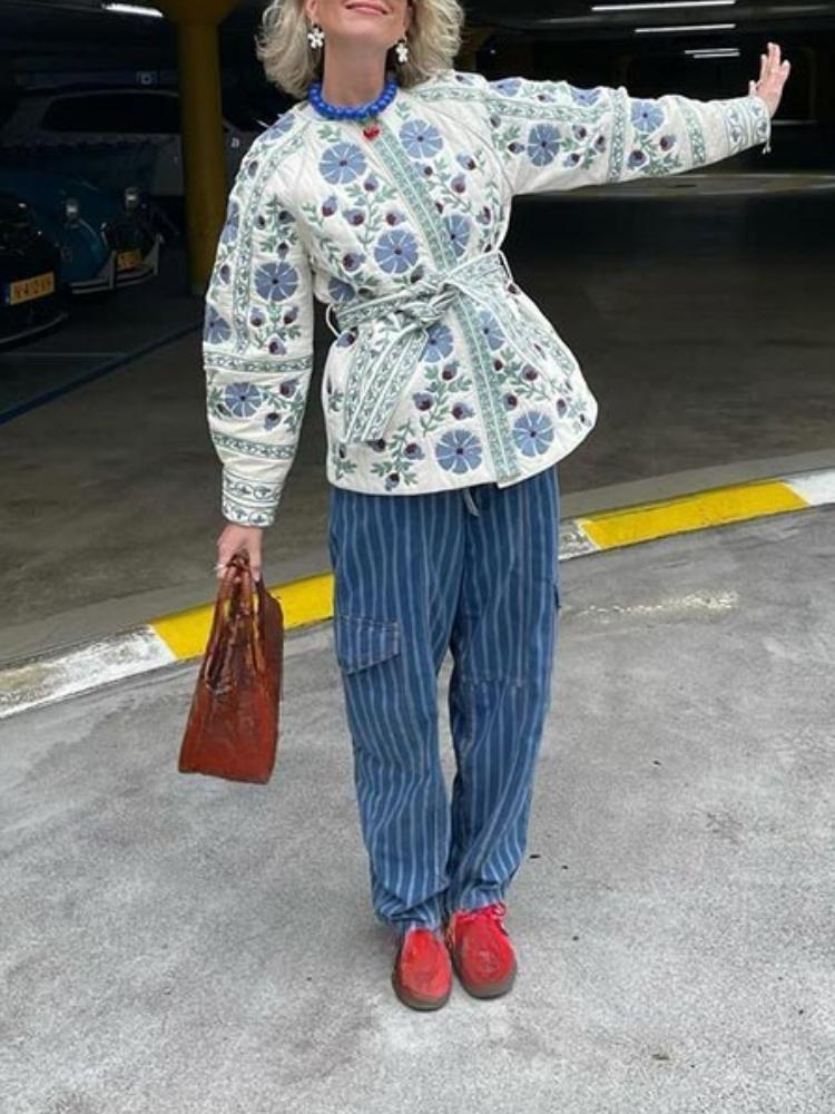 Elegant Women Cotton Jacket Floral Print Belted Coat Autumn Winter Fashion Long Sleeves Single Breasted O Neck Streetwear New Lady Outerwear