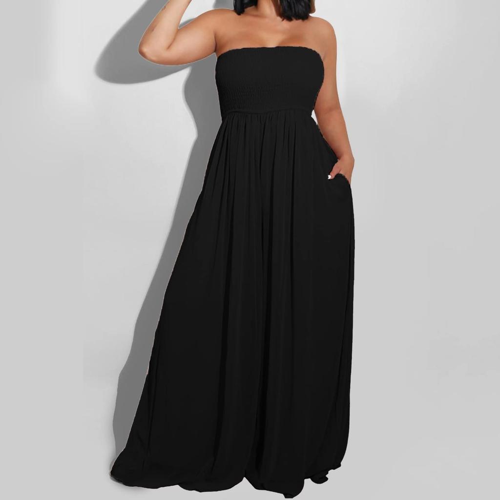 Women's Plus Size Strapless Tube Top Wide Leg Pants Jumpsuit Baggy Off Shoulder Overalls Smocked Romper With Pockets