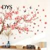 Creative Soft Decoration Gifts for Friends 2Pcs Sakura Wall Stickers with Butterflies & Birds, Peach Blossom Branch Easy Installation Floral