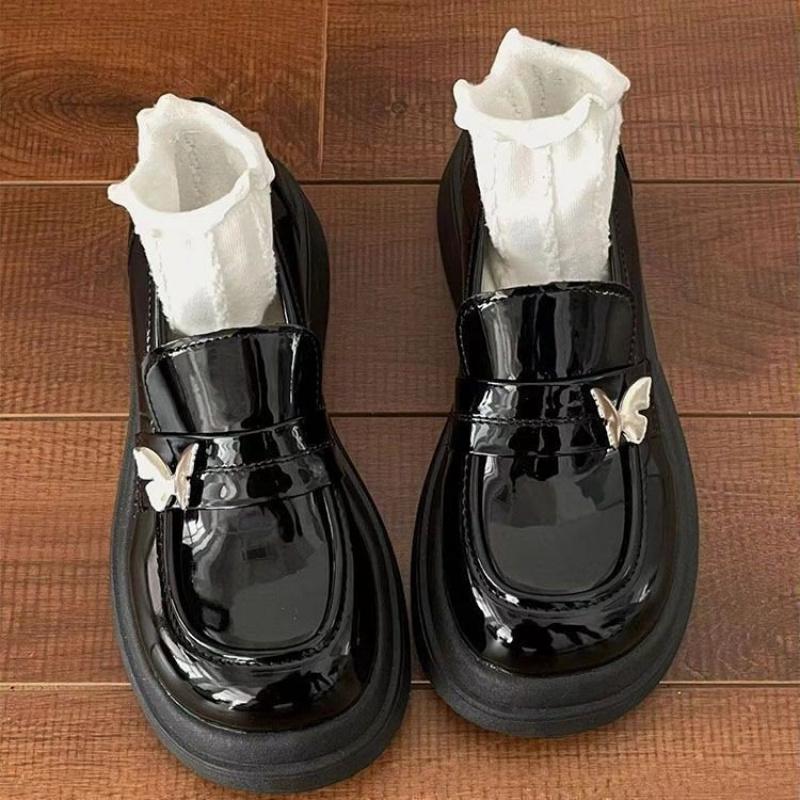 British Style Black Bow Loafers Slip-On Shoes for Women 2025 New Spring and Autumn Thick-Soled Retro Platform Leather Shoes