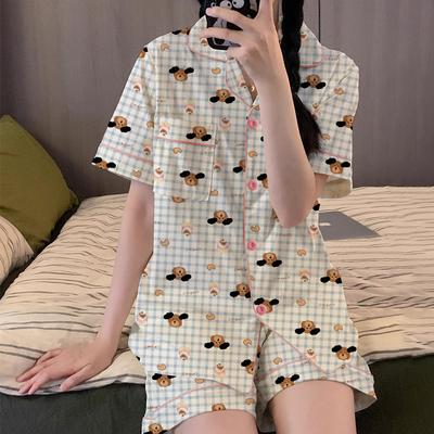 Cute Cute Puppy Pajamas Women'S Summer Thin Plaid Cartoon Loose Loungewear Short-Sleeved Suit