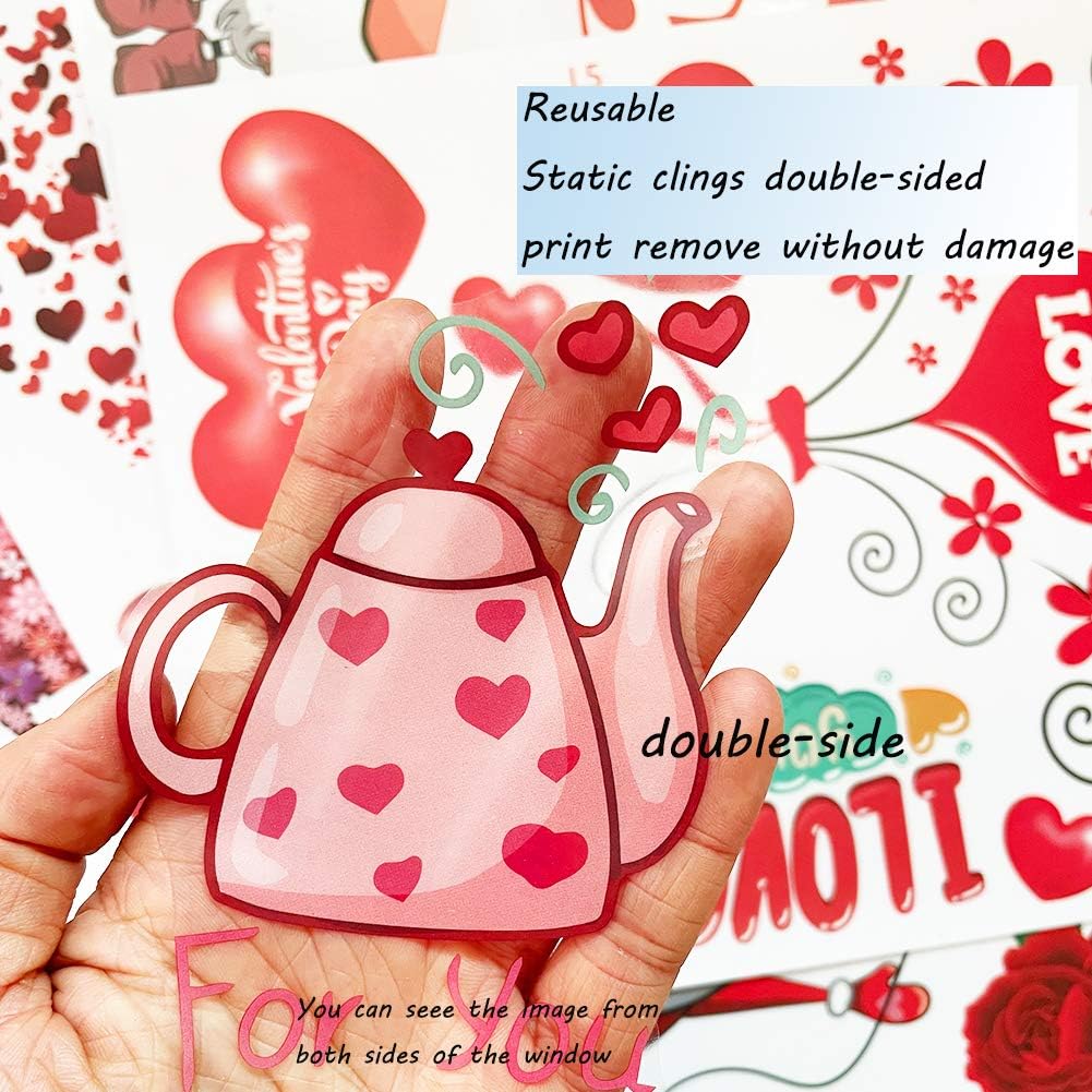 149Pcs Valentine's Day Window Clings Decorations Heart Decal Party Ornaments Supplies 9 Sheets Removable Vinyl Window Sticker Decals for Home,