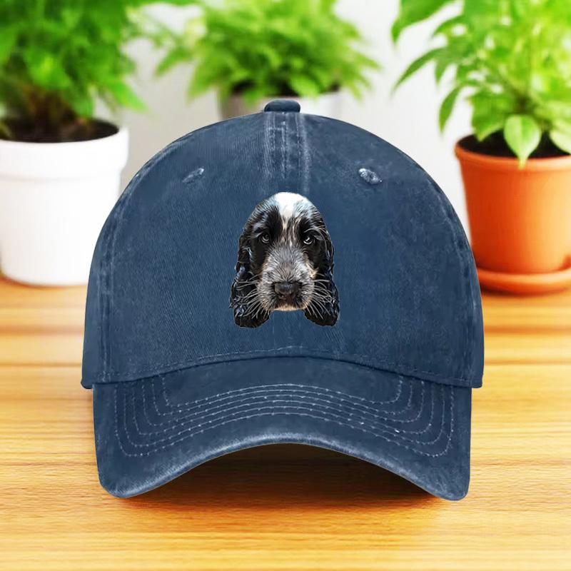 Cute Dog Print Washed Denim Baseball Cap Adjustable Curved Brim Outdoor Breathable Hat