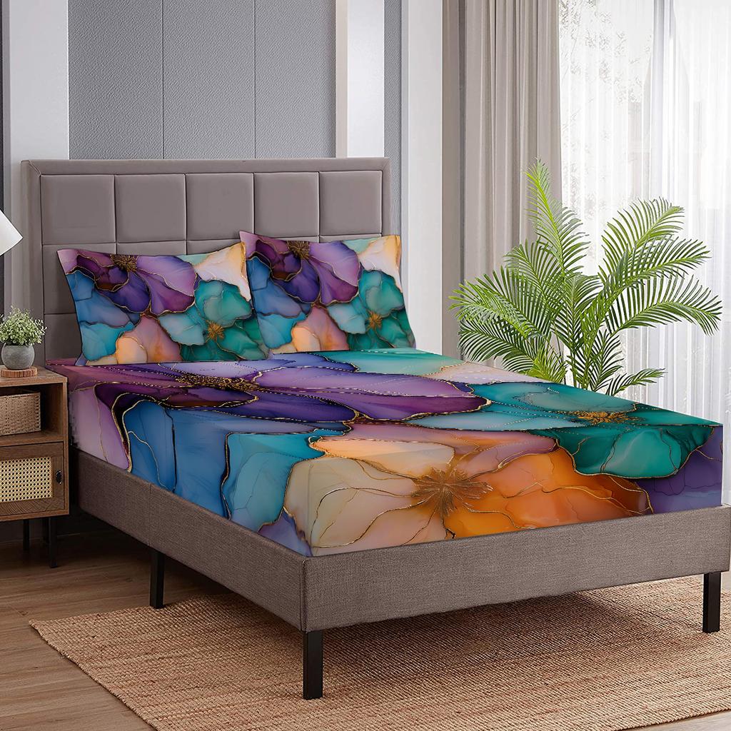 3-Piece Bed Set With Floral Pattern In Gold, Including Two Pillowcases, Suitable For Bedroom And Living Room (Room, Decor)