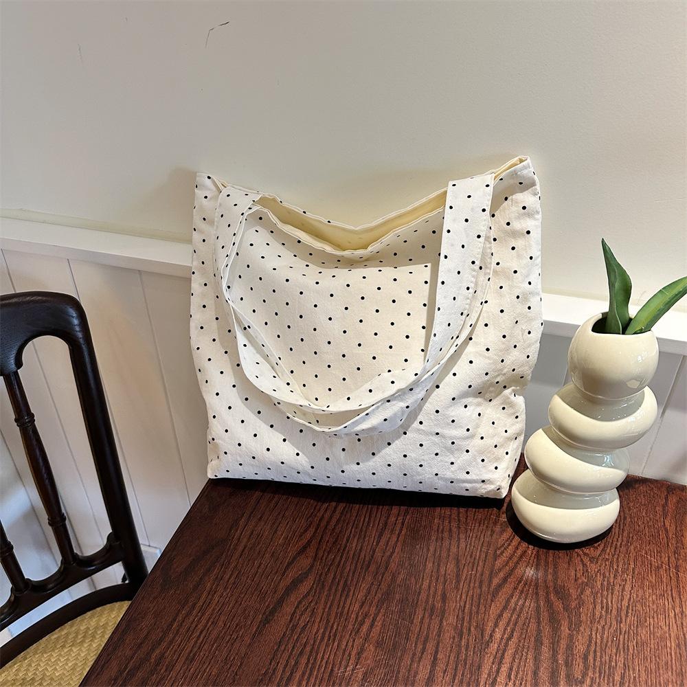 

New Large Capacity Polka Dot Canvas Tote Bag Women Casual Shoulder Bag College Student School Book Bag