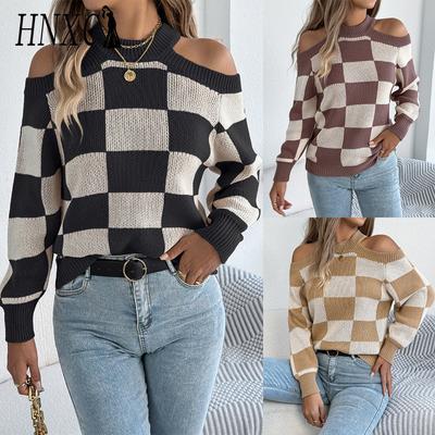 Suéter Casual Outono e Inverno Ombro a Ombro, Xadrez Color-blocking Manga Lanterna Manga Longa Feminino