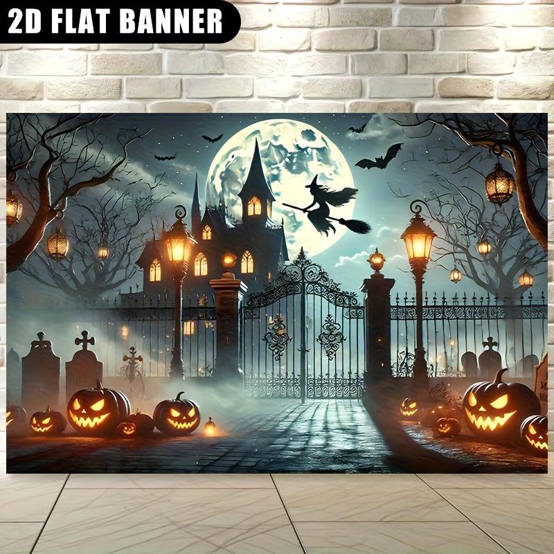2D Flat Storefront Banner for Halloween | Ghost Castle and Pumpkin Lantern Scene, Suitable for Living Room and Bedroom