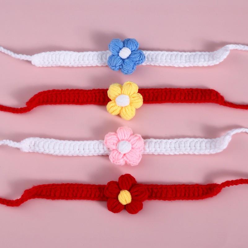 Handmade Knitted Pet Collar With Puff Flower Decor Adjustable Cats Dogs Fall Winter