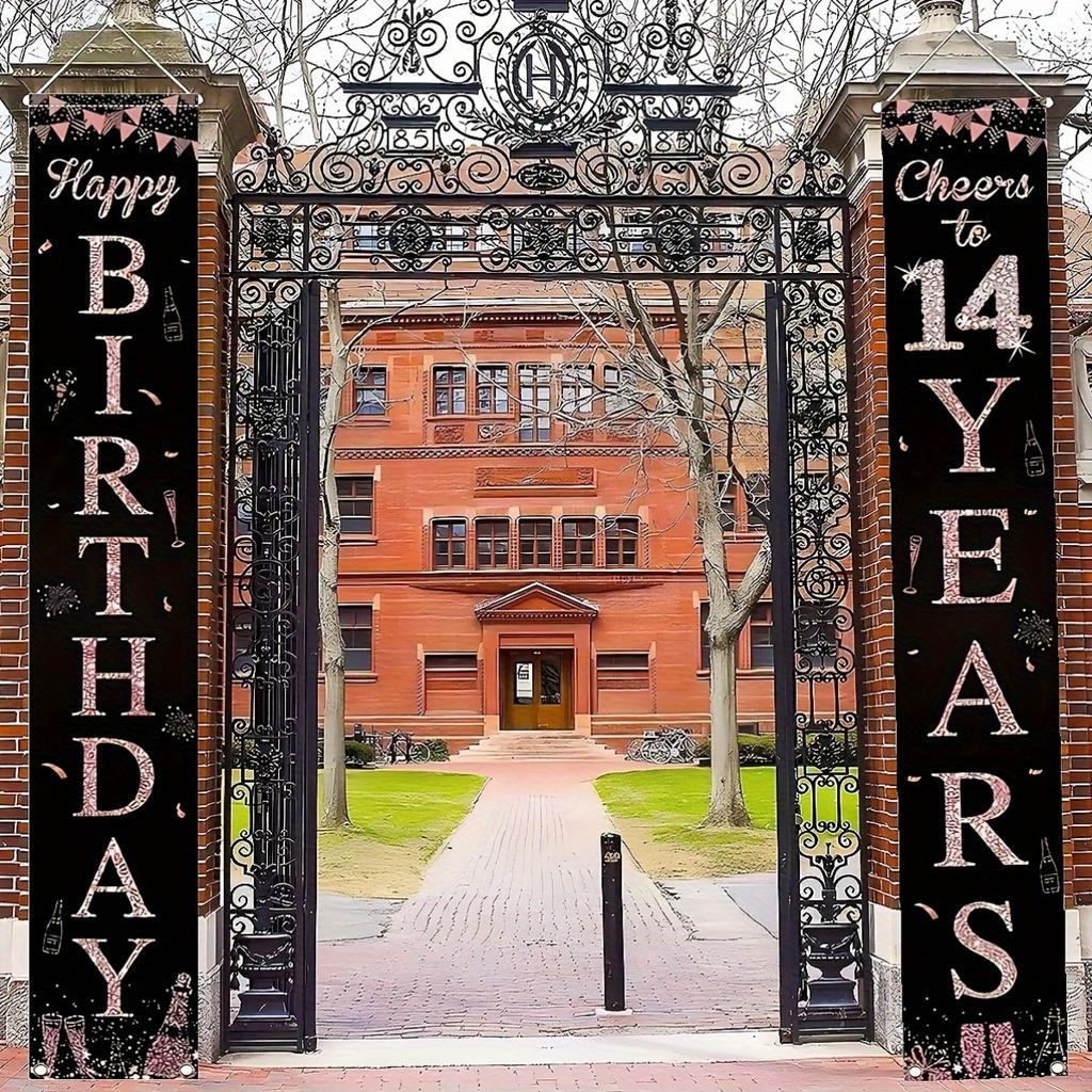 2pcs 14th Birthday Happy Door Couplet, 12x70.8-inch Polyester Porch Banner, Champagne Glass & Fireworks Design, Suitable for Home, Party, and Outdoor