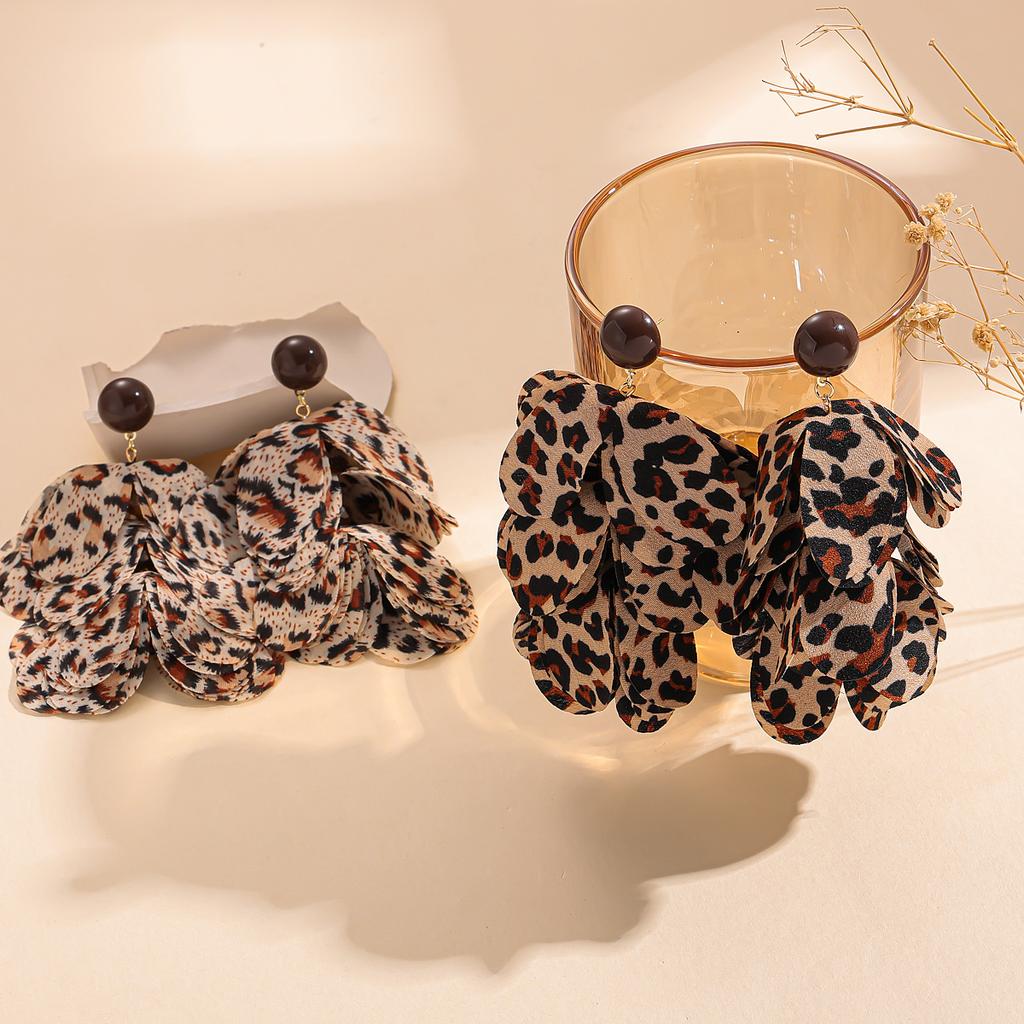 Chiffon Fabric Leopard Print Petals Tassel Earrings Temperament High-end Earrings for Women