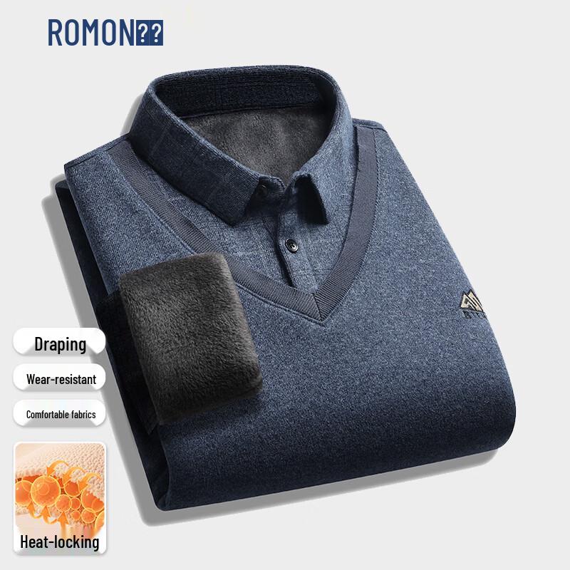 ROMON Men s Faux Two-Piece Shirt Collar Lined Sweater 3XL