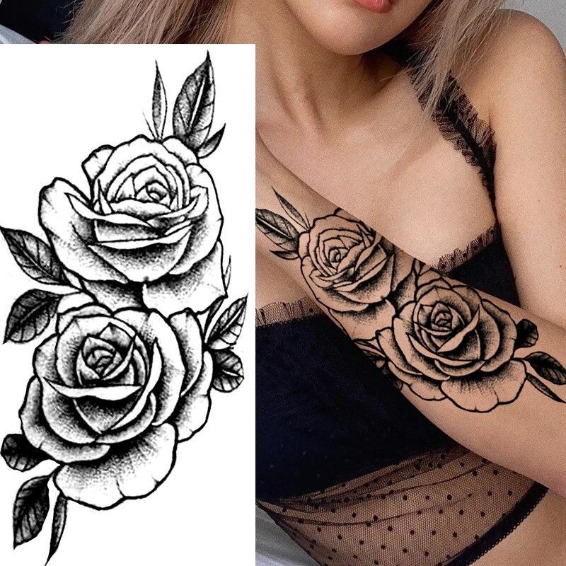 1 Stück Sexy Schwarze Blume Temporäre Fake Tattoo Aufkleber für Frauen Mädchen Falsche Tattoos DIY Wassertransfer Tattoos Körperkunst Make-up
