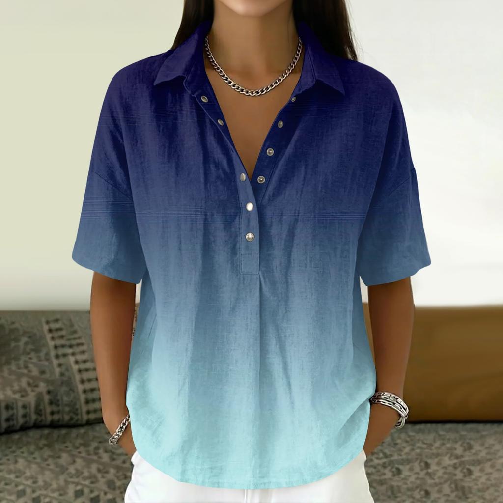 Women Loose Fit Short Sleeve Polo Shirt Vintage Floral Print Button Down Collar Linen Blend Casual Top