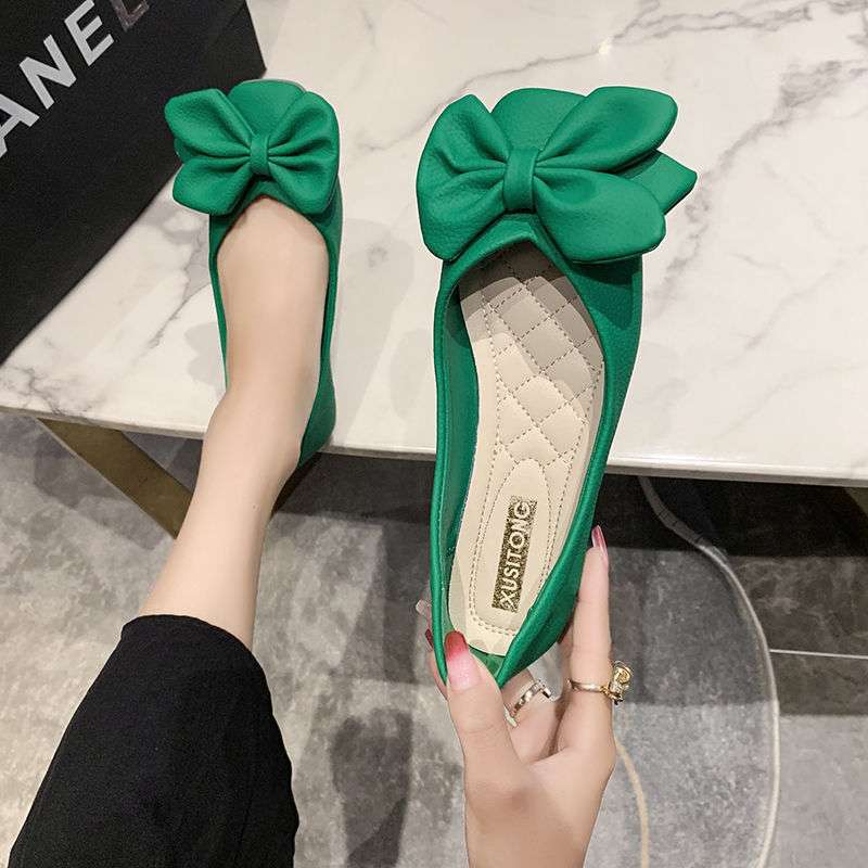 Single shoes women's spring and summer new Korean version of square head flat bottom bow women's shoes low-top shoes Doudou pedal lazy shoes tide