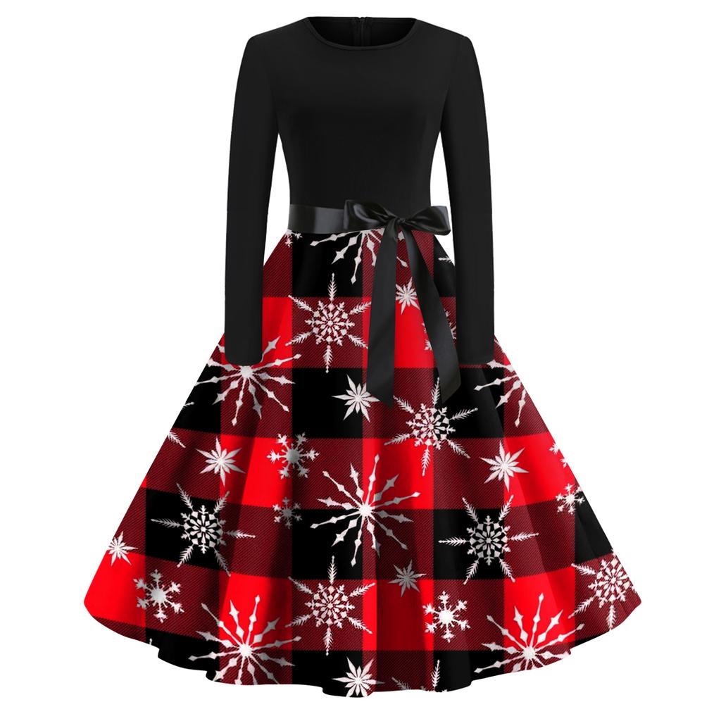 Women's Fashion Casual Round Neck Christmas Print Long Sleeve Dress