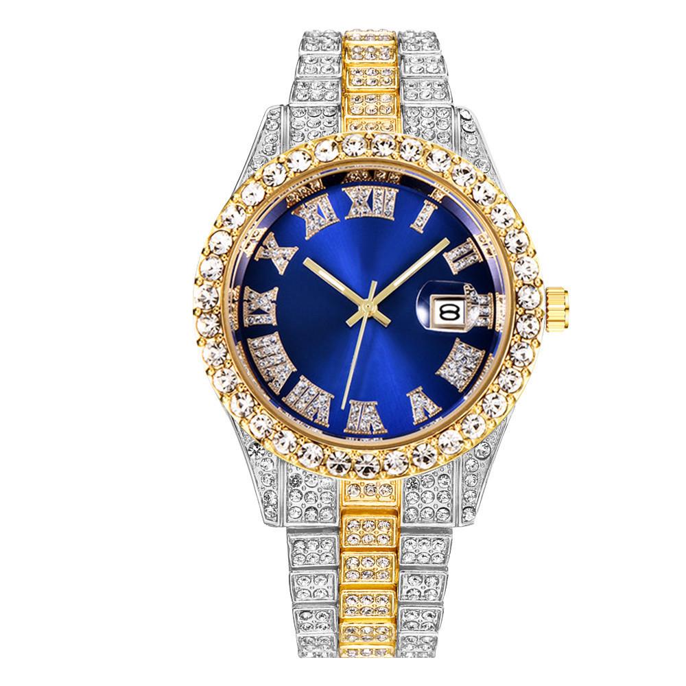 New Men's Full Diamond Steel Band Quartz Watch with Calendar