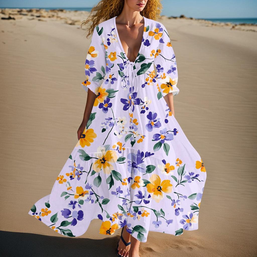 Women's Summer Fashion V-neck Retro Floral Print Short Sleeved Beach Dress With Lace Patchwork Dress