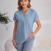 Women's Solid Color V-neck Short Sleeve Button Shirt In Breathable Cotton Linen with Washed Wrinkle, Fashionable European/American Style