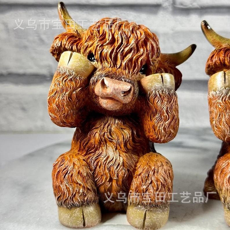 

New resin statue ornament, cute and creative decoration, don t listen, don t look, don t say Highland cow desktop decoration