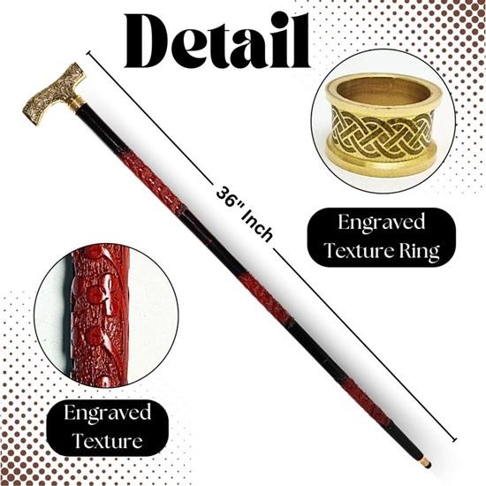 91.44 Cm Walking Stick Gold Brass T Handle, Engraved Design