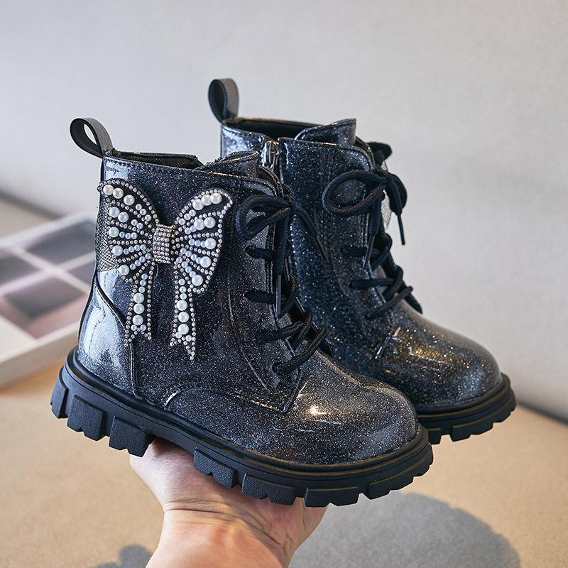 Botines Girl Boot Autumn Winter Bow Princess Shoe Fashion Glitter Shiny Ankle Boot Soft Sole Non-Slip Kid Shoe Botas