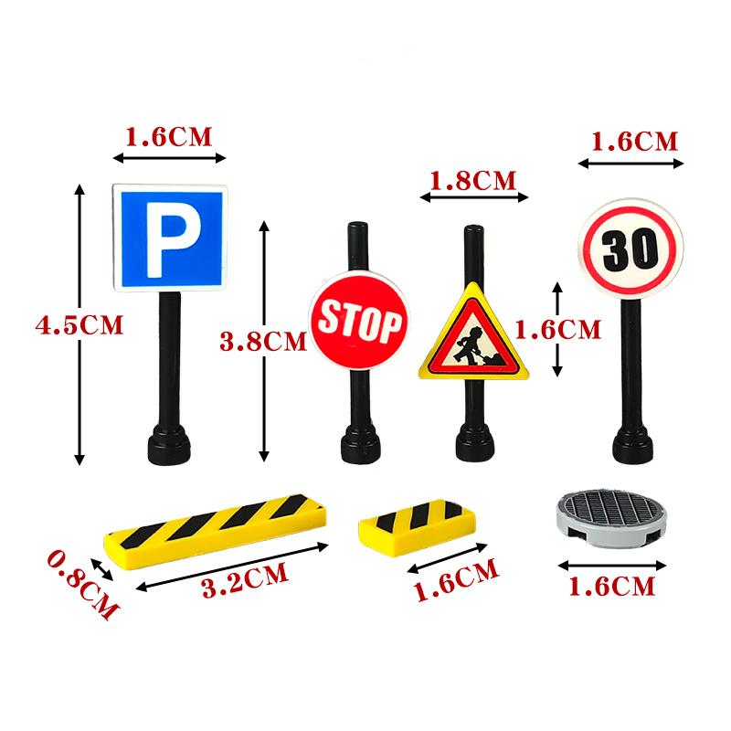 10pcs / Lot Road Sign Including Clip On Stop Bus Station Thoroughfare Construction Worker Building Blocks Figure DO-IT-YOURSELF Playthings Children