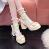 Fashion Women Platform Lolita Shoes Bowknot Mary Janes Shoes High Heels Trend Kawaii Leather Straps Fashion Chunky Heeled Pumps Size 34