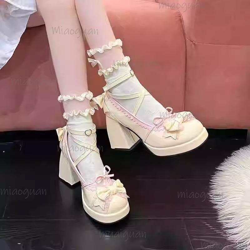 Fashion Women Platform Lolita Shoes Bowknot Mary Janes Shoes High Heels Trend Kawaii Leather Straps Fashion Chunky Heeled Pumps Size 34