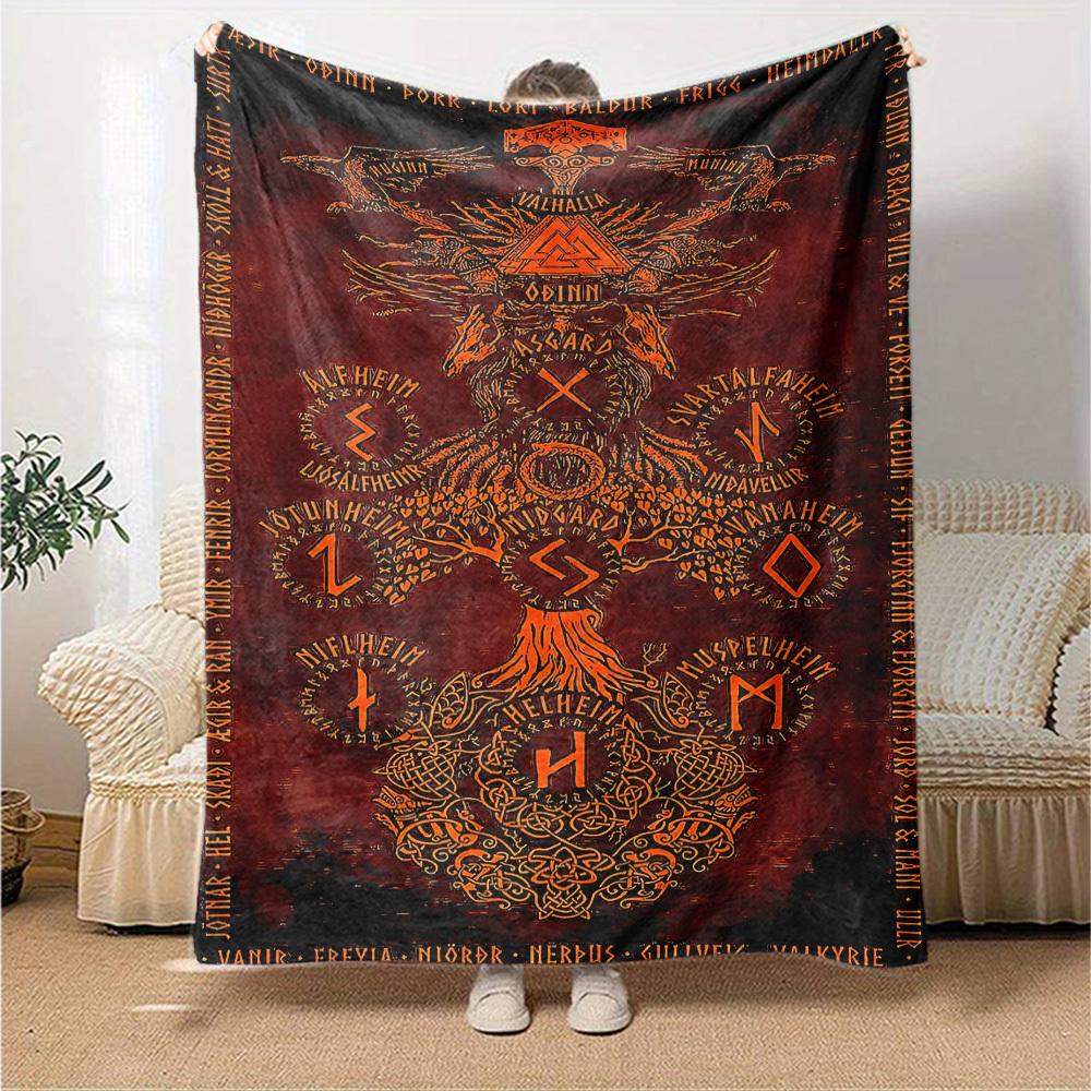 1 szt. Koc Nordic Mythology Miękki Flanelowy, Przytulny Poliester na Cały Sezon, Idealny do Domu, Biura