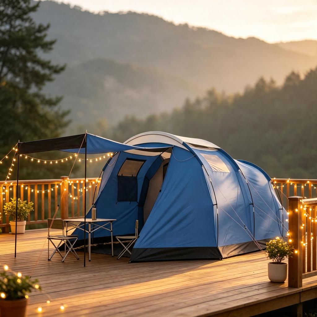 4 Person Tunnel Tent Camping, Waterproof 3000mm, Double Wall, Standing Height 190cm, Blue