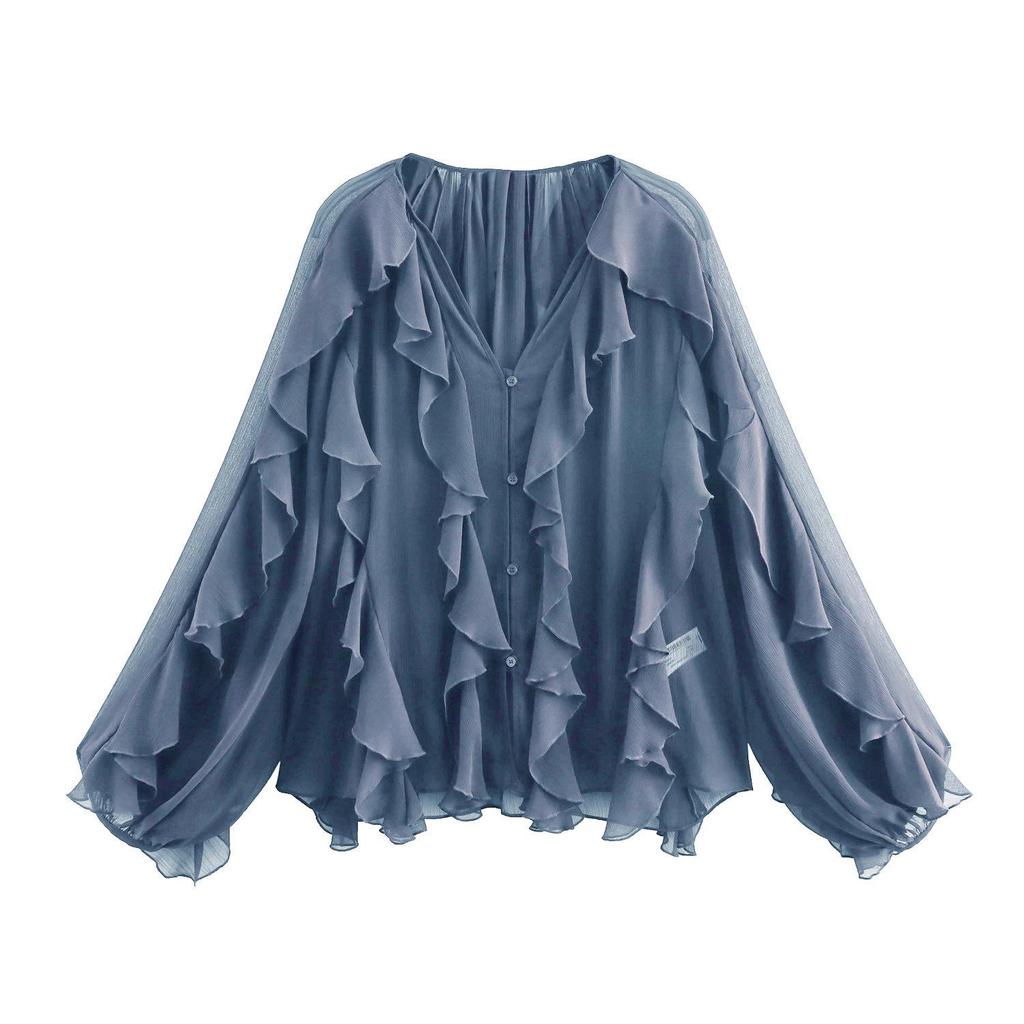  Spring Women's Bow Tie Layered French Lantern Sleeve Shirt