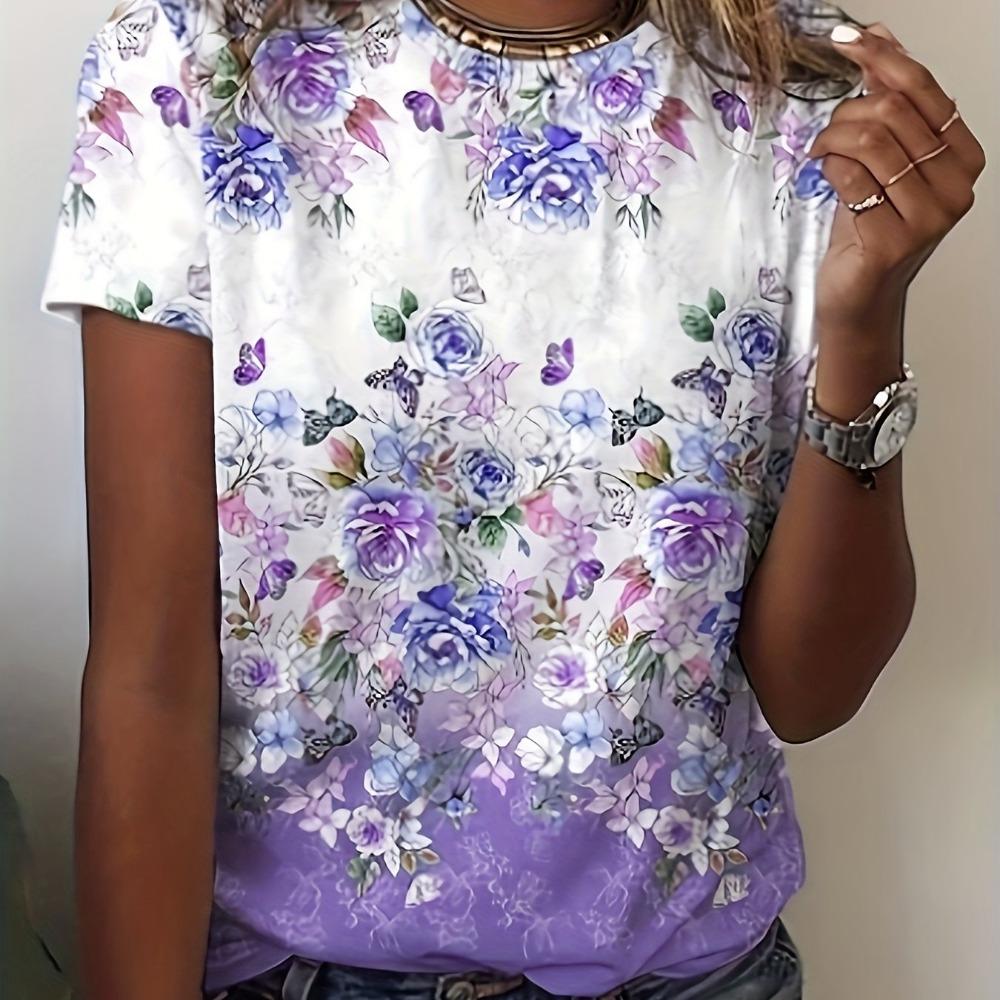 Elegant, Fashionable And Fresh Floral Print Summer Round Neck Women's Slim T-shirt Summer Casual Versatile Women's 2K Top