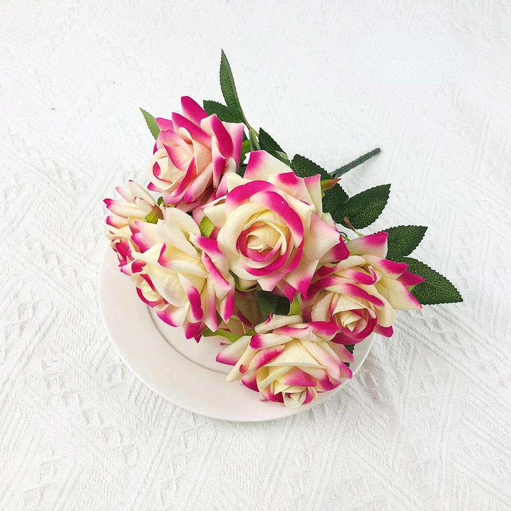 Velvet Artificial Flowers Rose Bouquet Wedding Decorations Red 7 Heads Fake Roses Decorative Flower Home Decor Garden Decoration