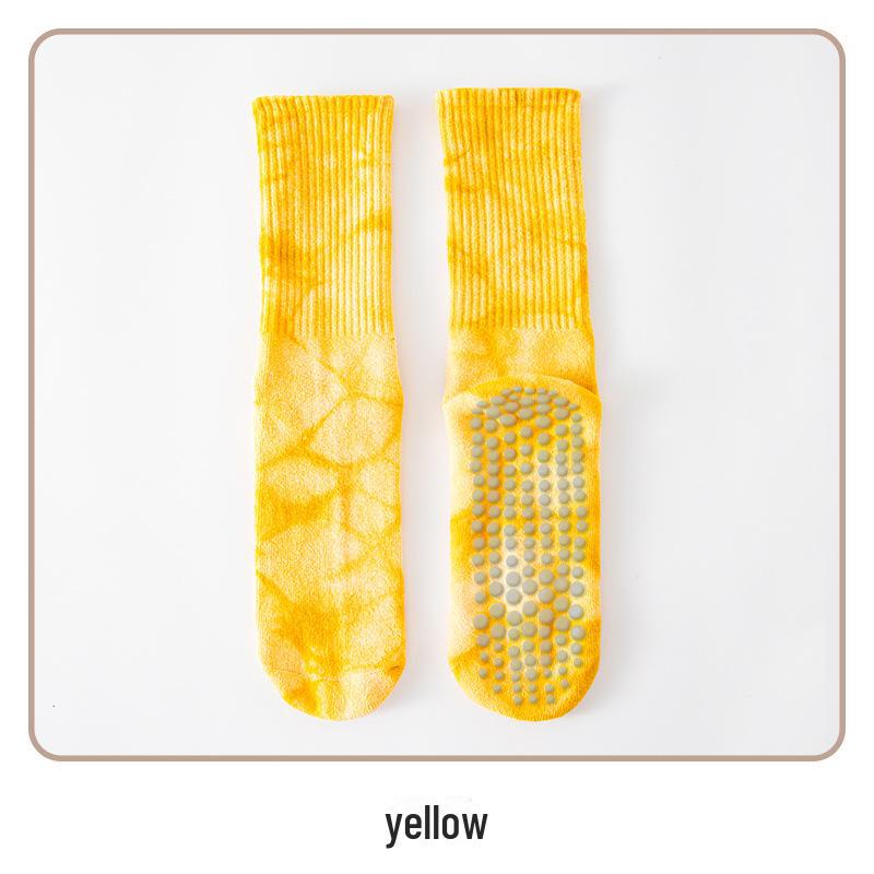 Damfärgglada batikmönstrade halkfria frottésockor i mellanhöjd av bomull för yoga och pilates