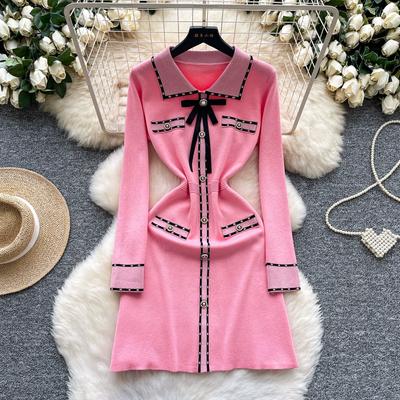 Autumn Winter Women Sweet Polo Collar Bowtie Knitted Sweater Mini Short Pullover Dresses