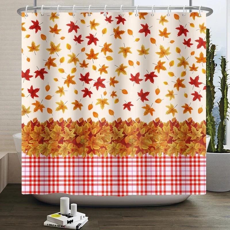 Autumn Shower Curtain, Autumn Maple Leaf Pumpkin Bathroom Decoration, Polyester Fabric Shower Curtain Hook, Room Decoration