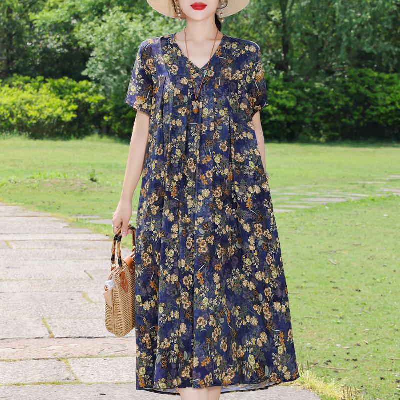 Elegant Women's Summer Dress Plus Size Short Sleeve Casual Loose Long Dresses Vintage Clothes