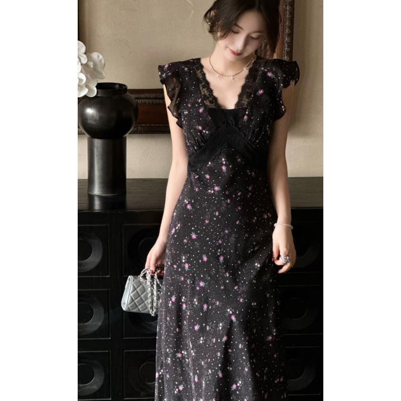 New Luo Zhiyin Lace Splicing Waist Flower Dress Long Floral Skirt