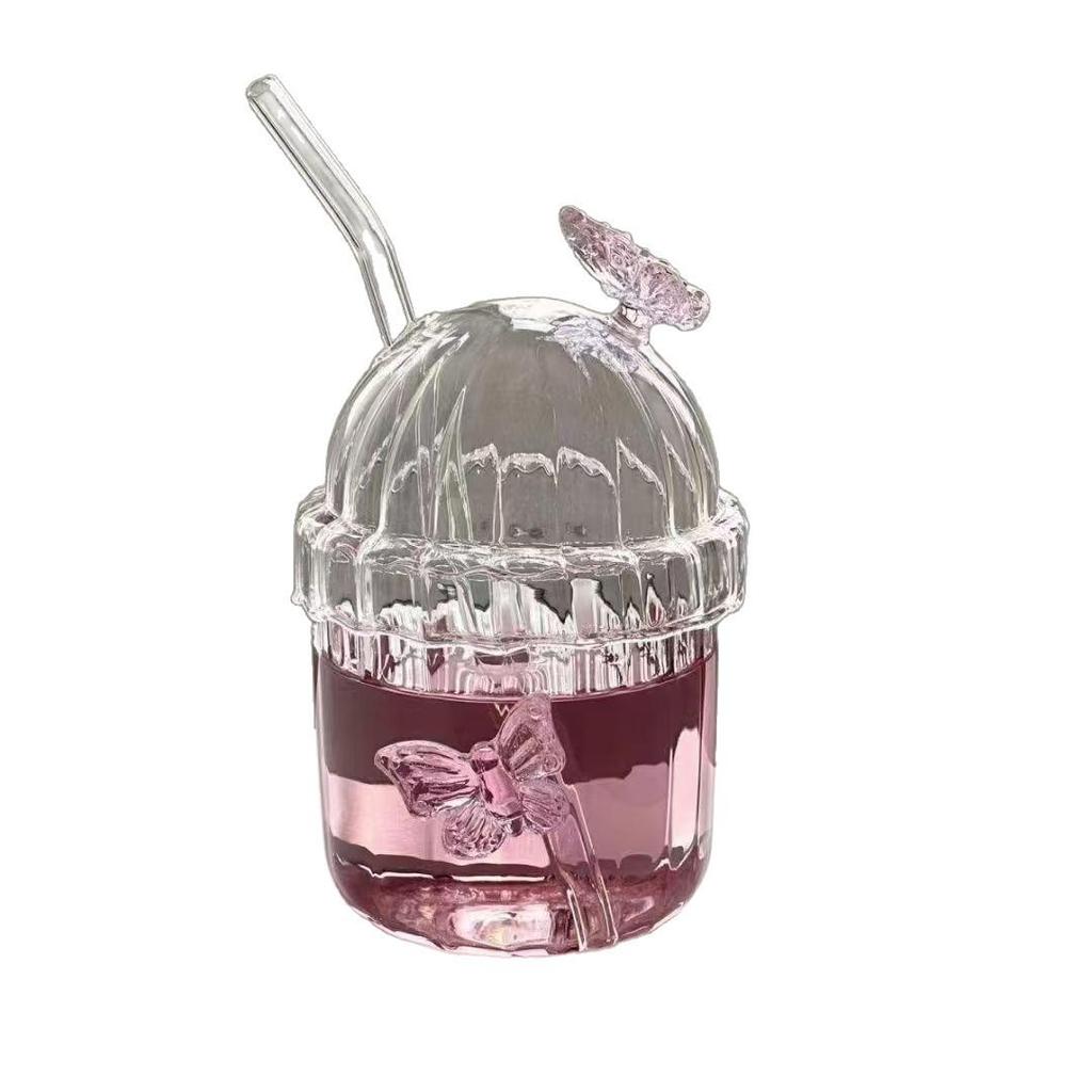 INS-Stil Hochborosilikat-Glasbecher mit Streifen und Schmetterlingen, Transparent für Wein, Milchtee, Saft oder Wasser.