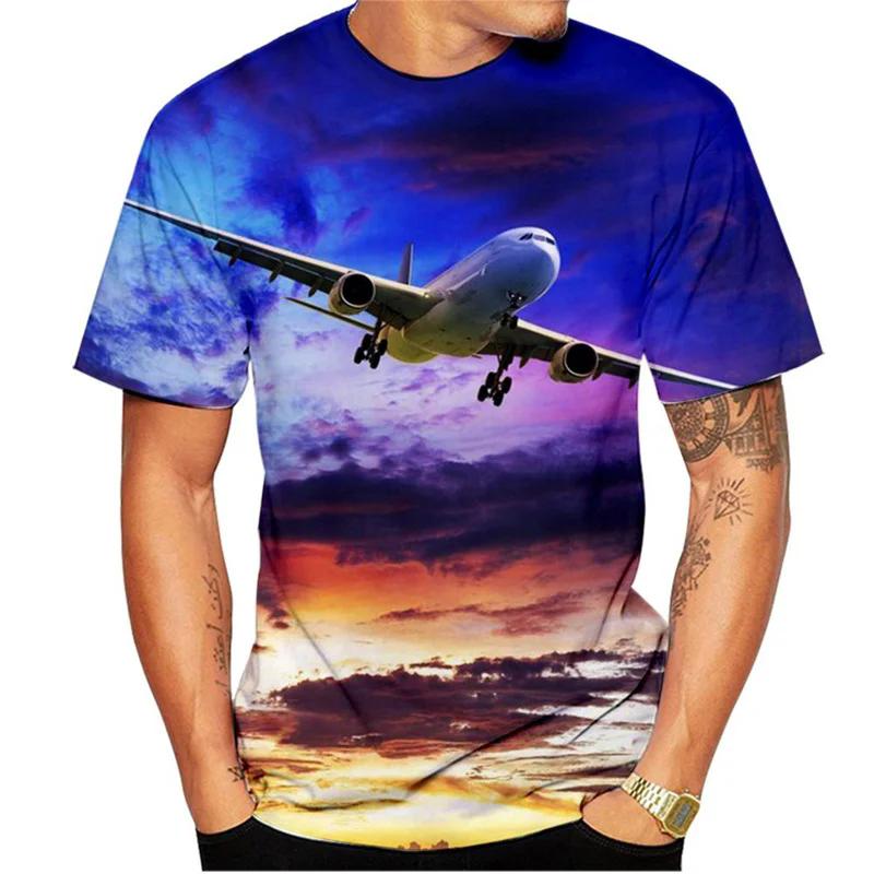 Summer new men's T-shirt 3D printed short sleeved airplane pattern fashion trend round neck