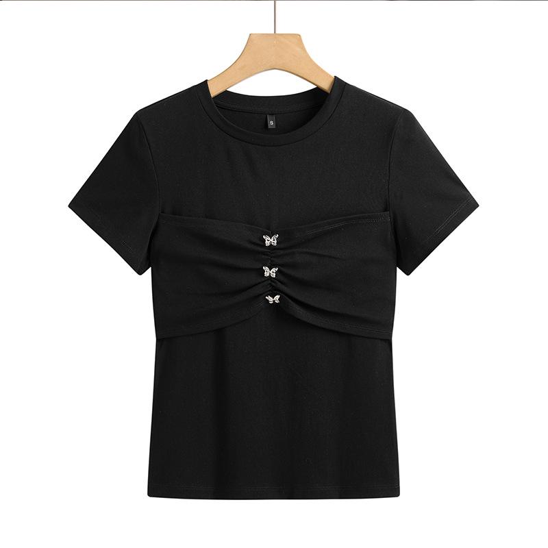 2026 Spring/Summer Butterfly Bead Slim-fit T-shirt: New Arrival, Fashionable Solid Color, Short Sleeve, Korean Style Top.